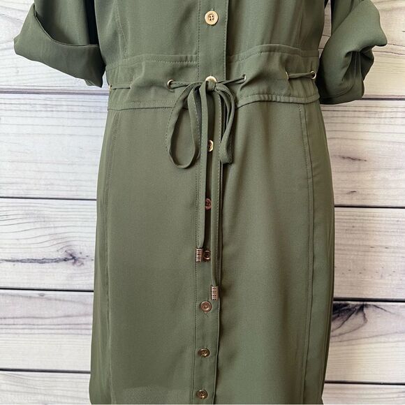 Bebe Army Green Button Down Tie Waist Shirt Dress - Picture 4 of 7